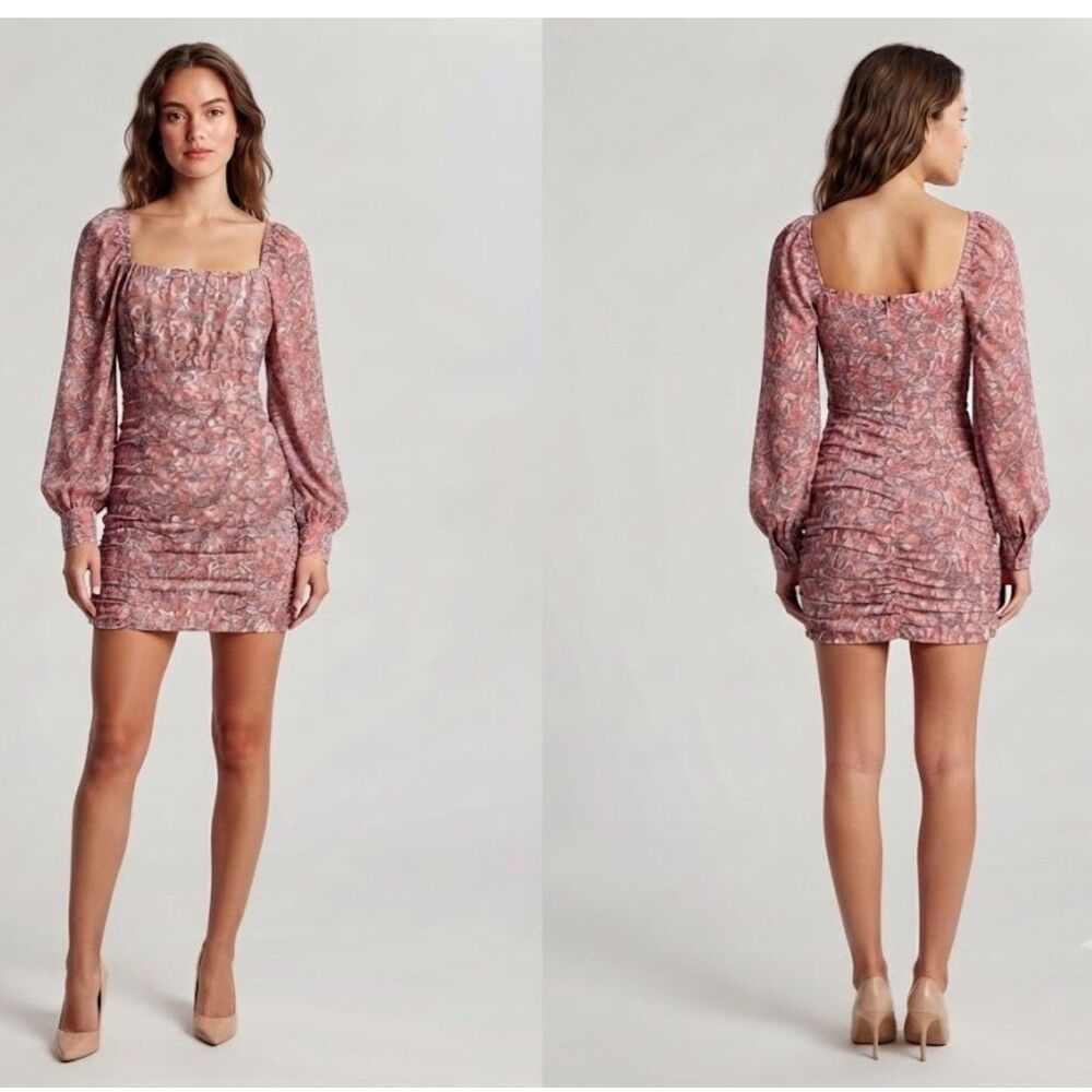 Eilly Bazar Floral Ruched Long Balloon Sleeve Mini Dress Square Neck Size M